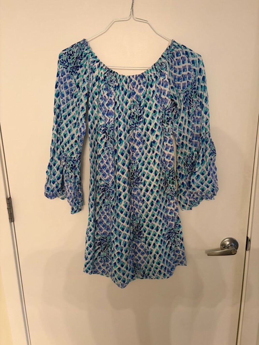 Lilly Pulitzer Blue Turquoise Off Shoulder Bell Sleeve Tunic Dress Pineapple XS